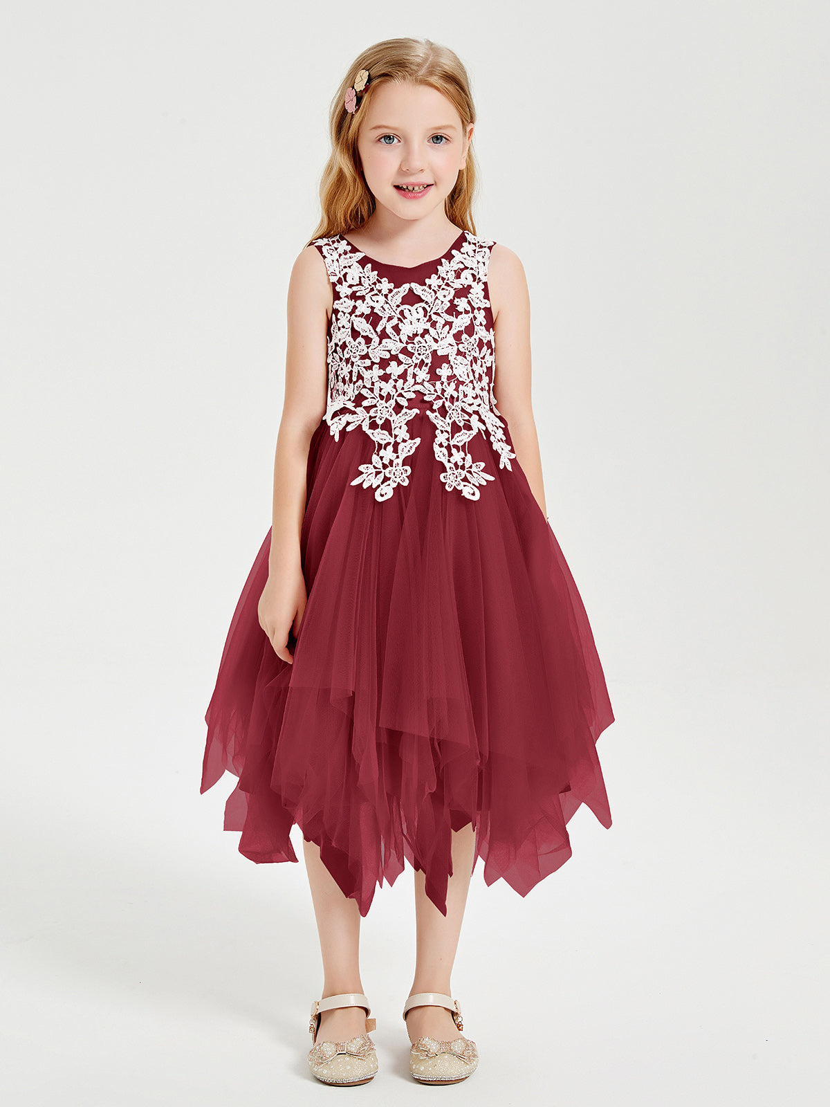 Tea Length Tulle Junior Bridesmaid Dresses Burgundy